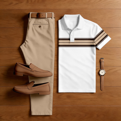 Men's Casual Apricot & White Color Matching Striped Printed Short Sleeved Polo Shirt & Trousers Two-Piece Set