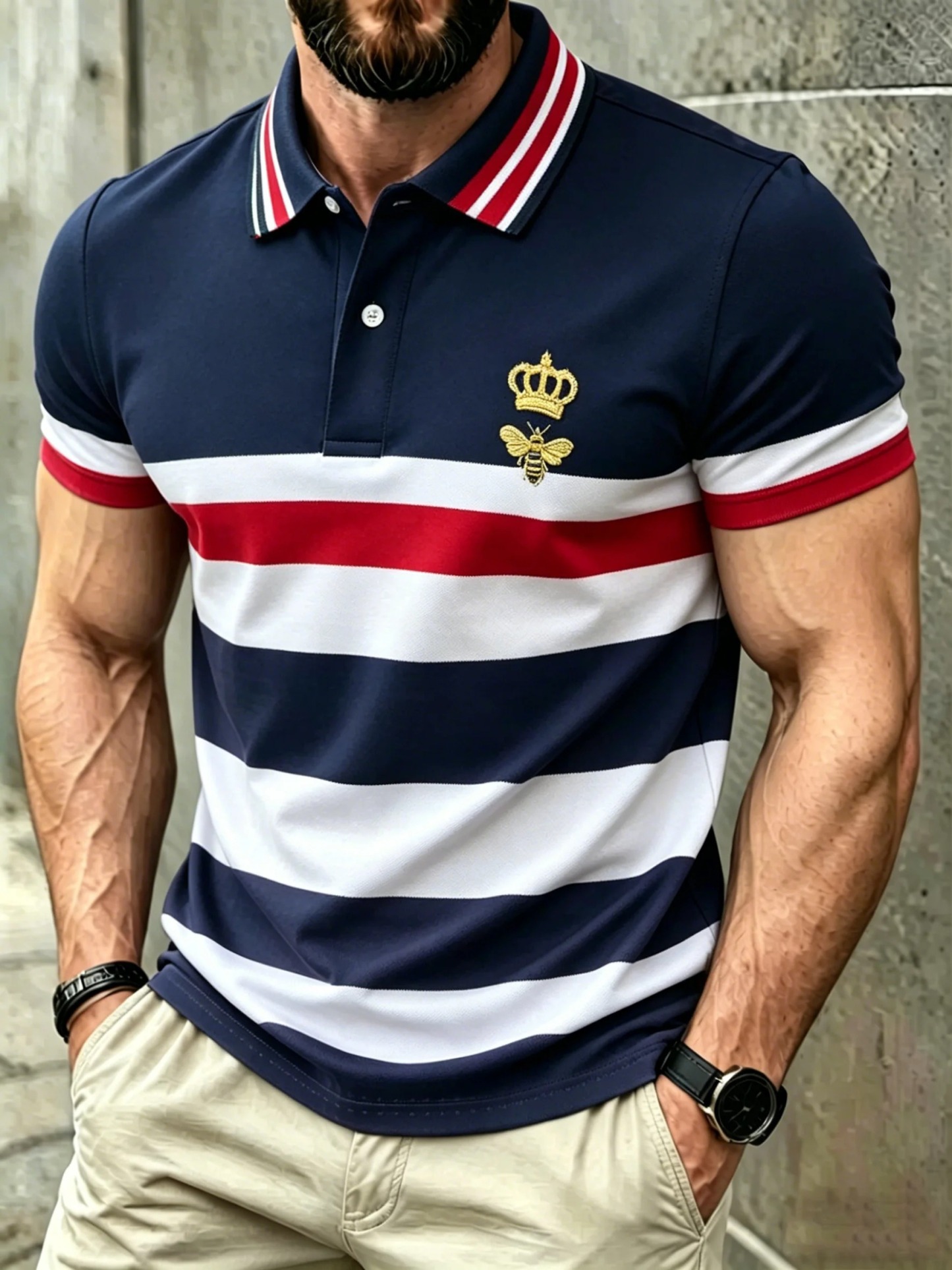 Men's Classic Business Check Logo Button Short Sleeve Polo Shirt