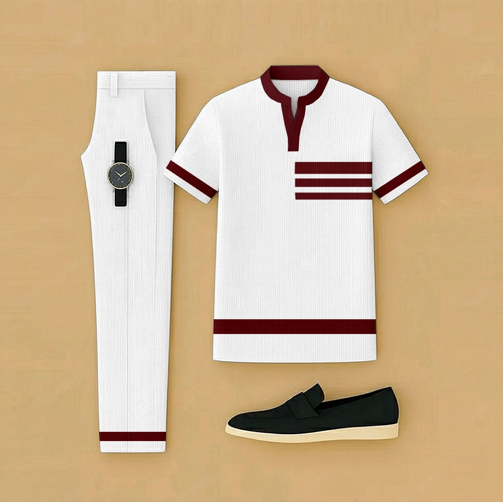 Men's Casual White & Burgundy Color Matching Short Sleeved Henry Collar T-Shirt & Trousers Two-Piece Set