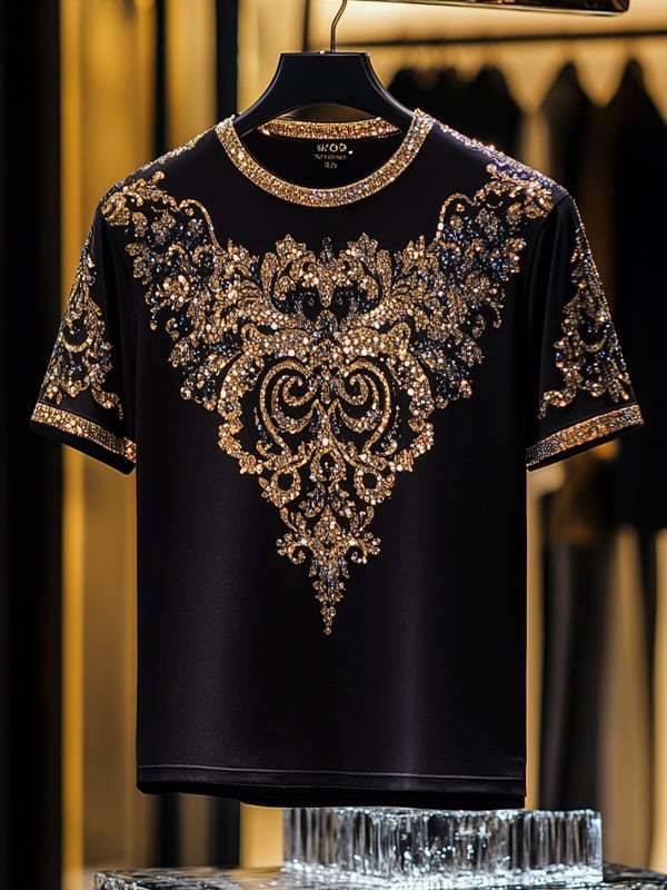 Men's Business European Pattern Sequin Print Short Sleeve T-shirt