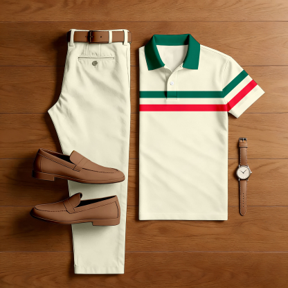 Men's Casual Apricot & Green Color Matching Striped Printed Short Sleeved Polo Shirt & Trousers Two-Piece Set