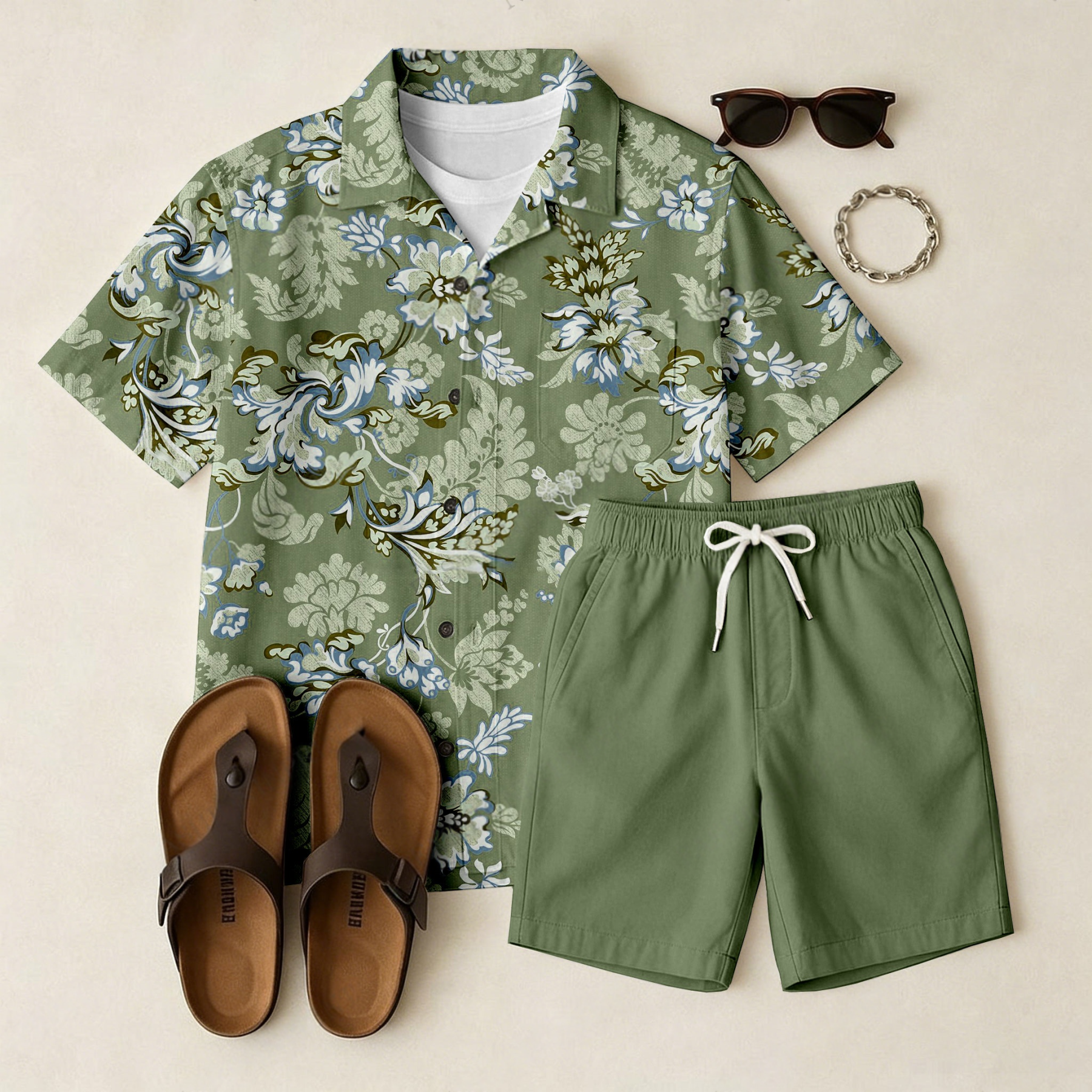 Men's Casual Light Green Short-Sleeve Shirt And Printed Shorts Two-Piece Set