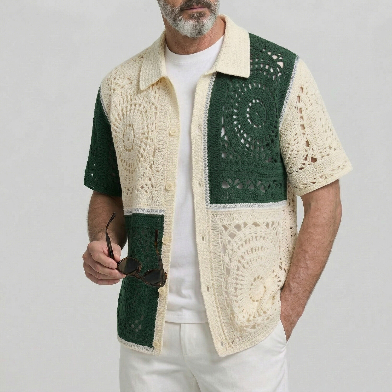 Men's Fashion Colorblock Crochet Knit Hollow Out Short Sleeve Cardigan