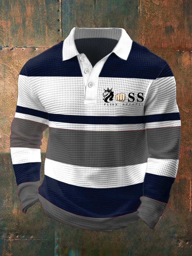 Men's Casual Business Waffle Long Sleeve Polo Shirt