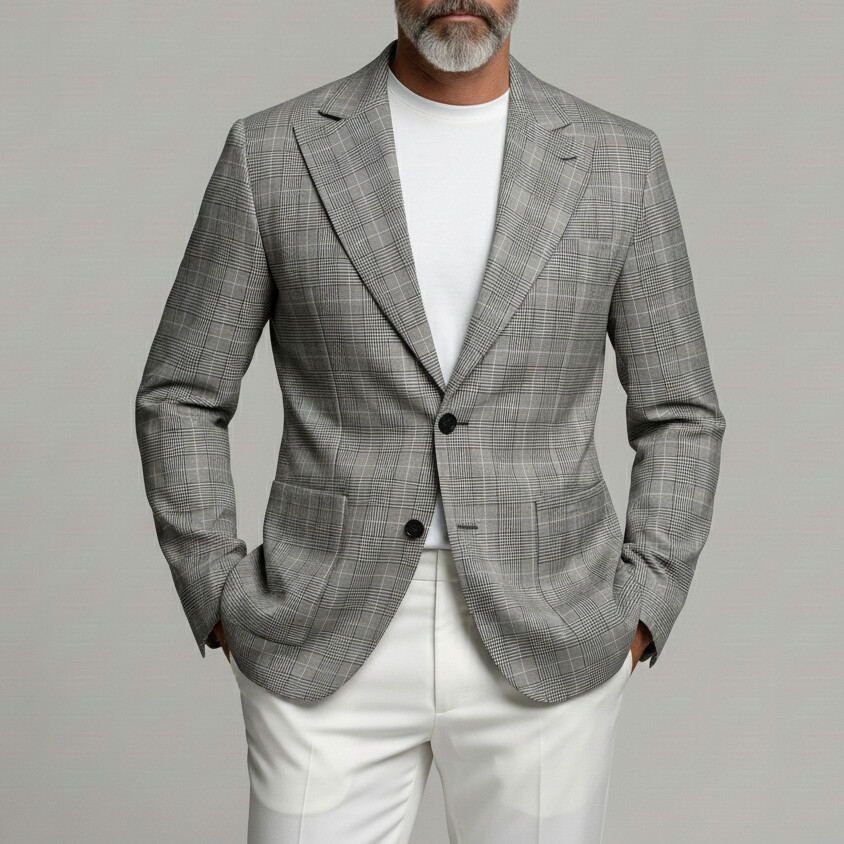 Men's Business Gray Plaid Print Two Button Patch Pocket Notch Lapel Blazer