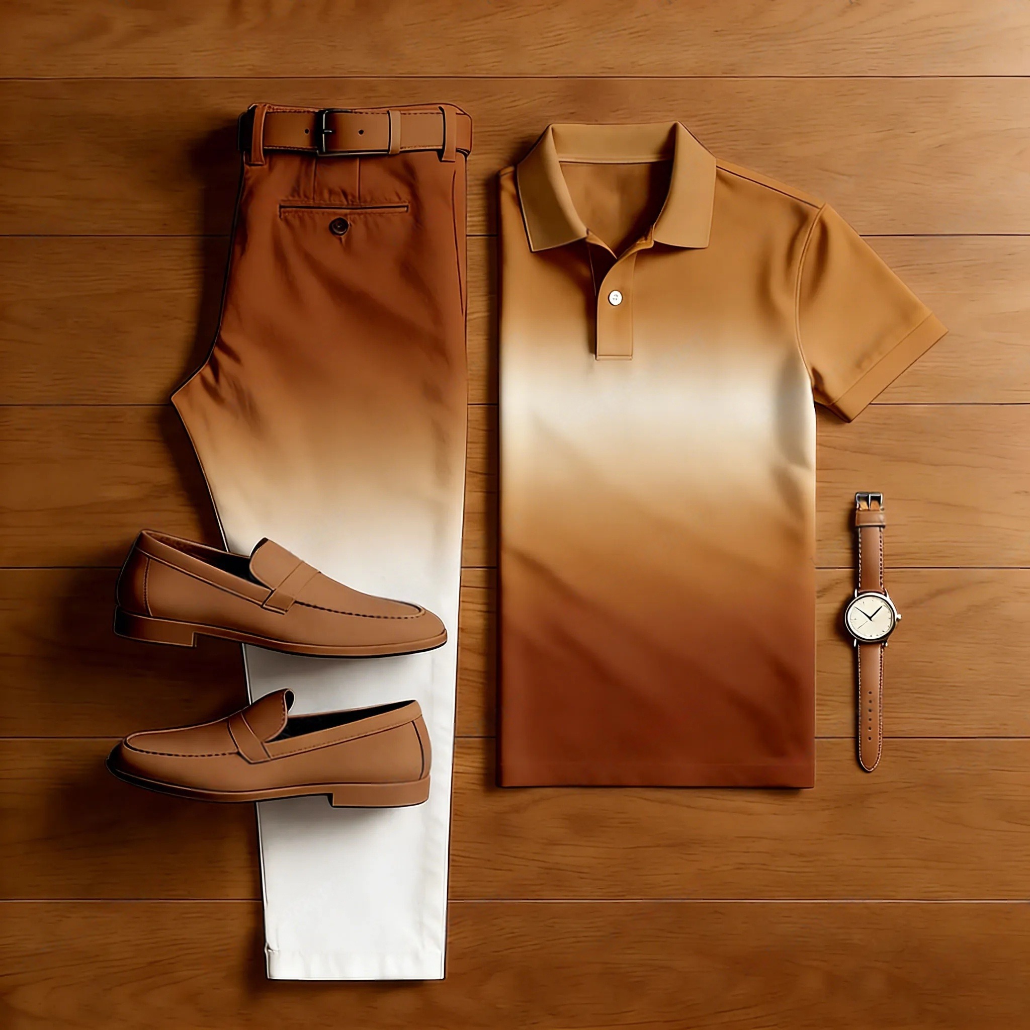 Men's Casual Brown Gradient White Color Matching Printed Short Sleeved Polo Shirt & Trousers Two-Piece Set203111