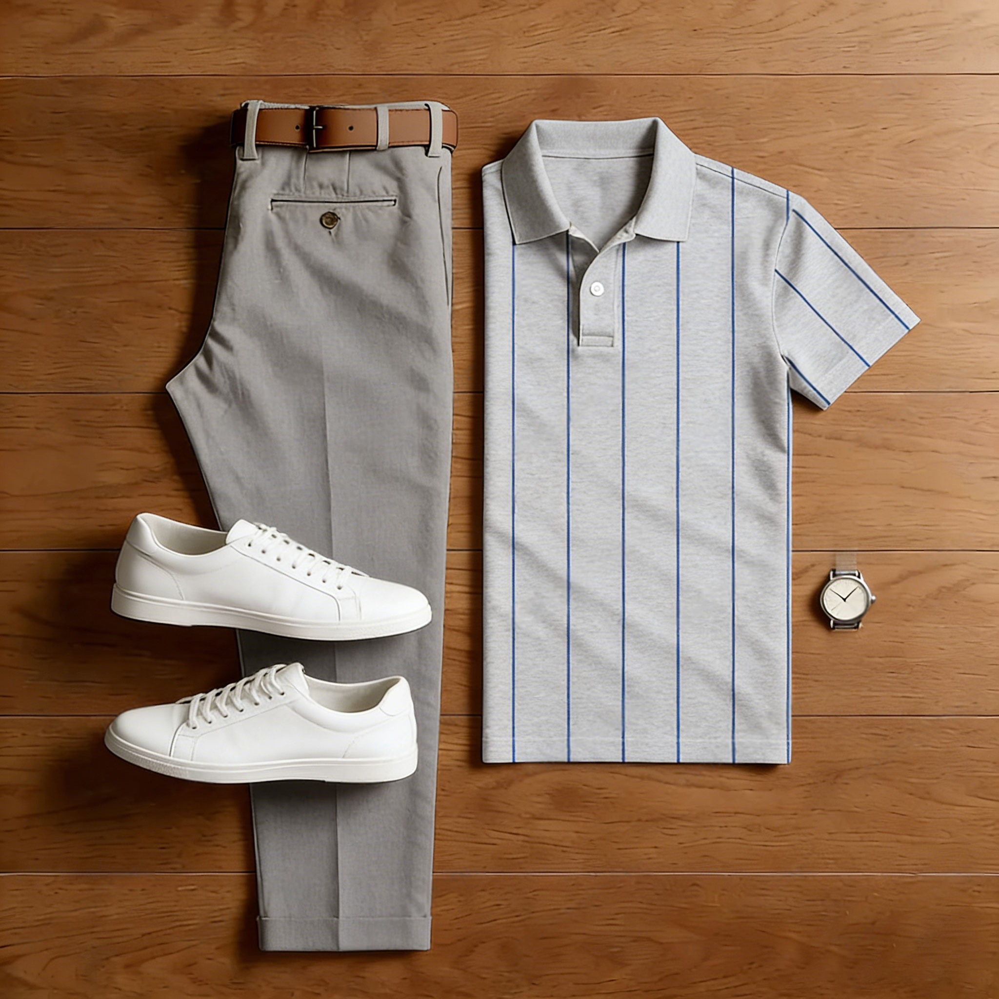 Men's Casual Blue Striped Short-Sleeved Polo Shirt And Trousers Two-Piece Set