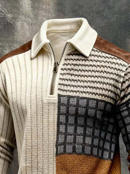 Men's Retro Color Block Print Color-Blocked Zip-Up Sweatshirt