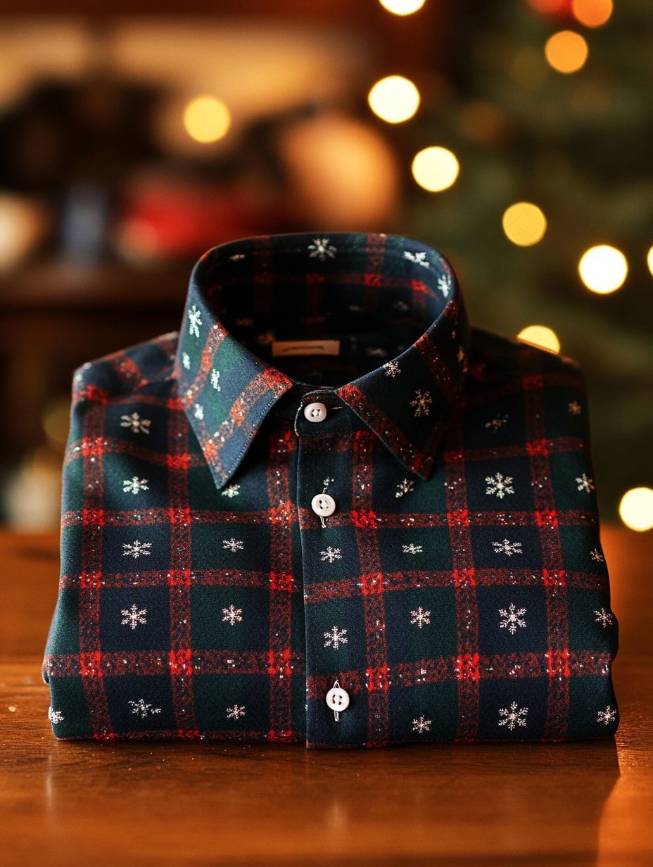 Men's Business Retro Christmas Snowflake Plaid Print Long Sleeve Shirt