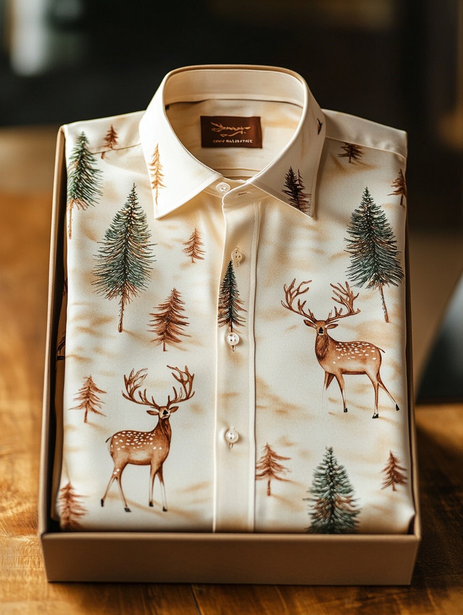 Men's Business Retro Christmas Evergreen Pine Elk Print Long Sleeve Shirt