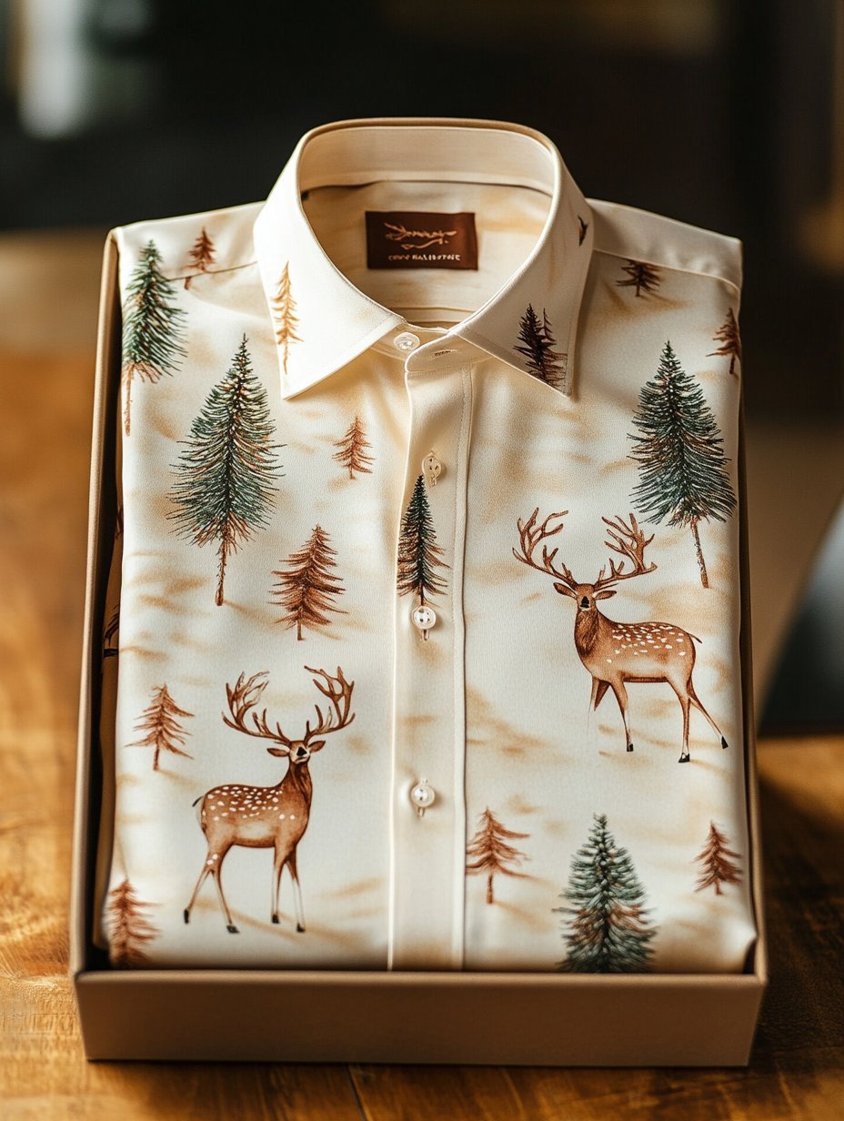 Men's Business Retro Christmas Evergreen Pine Elk Print Long Sleeve Sh