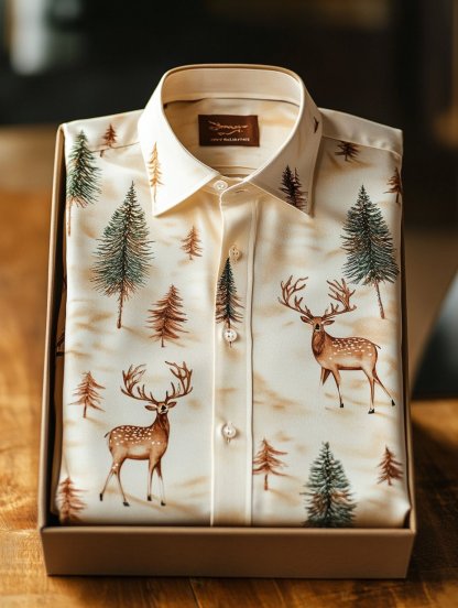Men's Business Retro Christmas Evergreen Pine Elk Print Long Sleeve Shirt