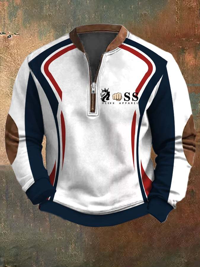 Men's Retro Letter Design Printed Casual Zipper Collar Long-Sleeved Sw