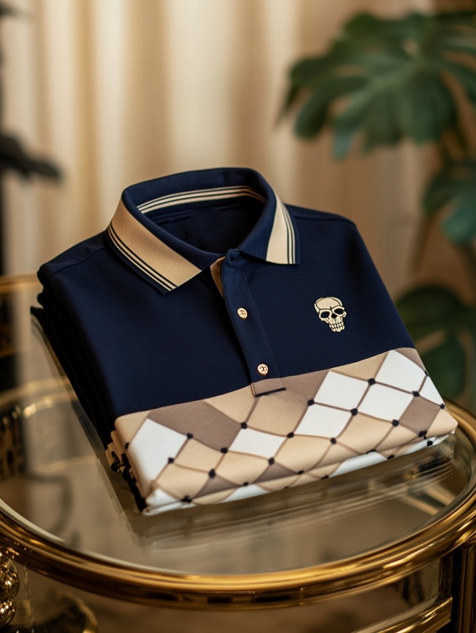 Men's Classic Business Check Halloween Skull Button Short Sleeve Polo Shirt