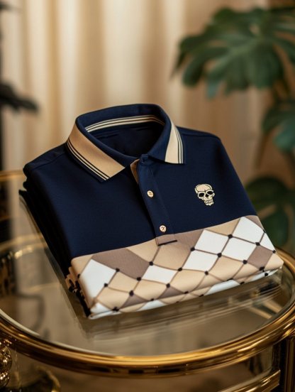 Men's Classic Business Check Halloween Skull Button Short Sleeve Polo Shirt