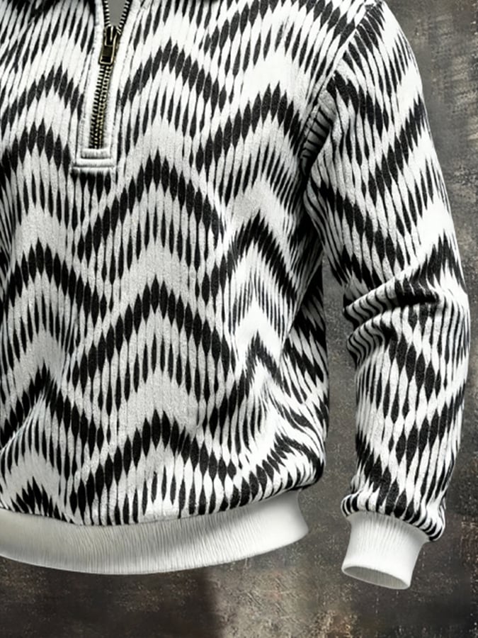 Men's Retro Color Block Print Color-Blocked Zip-Up Sweatshirt