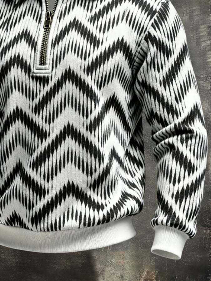 Men's Retro Color Block Print Color-Blocked Zip-Up Sweatshirt