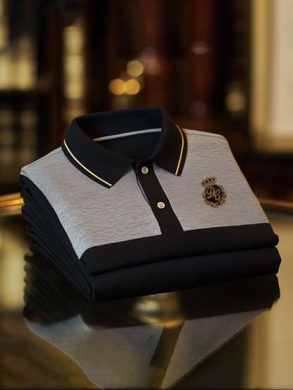 Men's Classic Business Check Logo Button Short Sleeve Polo Shirt
