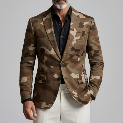 Men's Retro Camouflage Print Notched Lapel Two Button Slim Long Sleeve Blazer