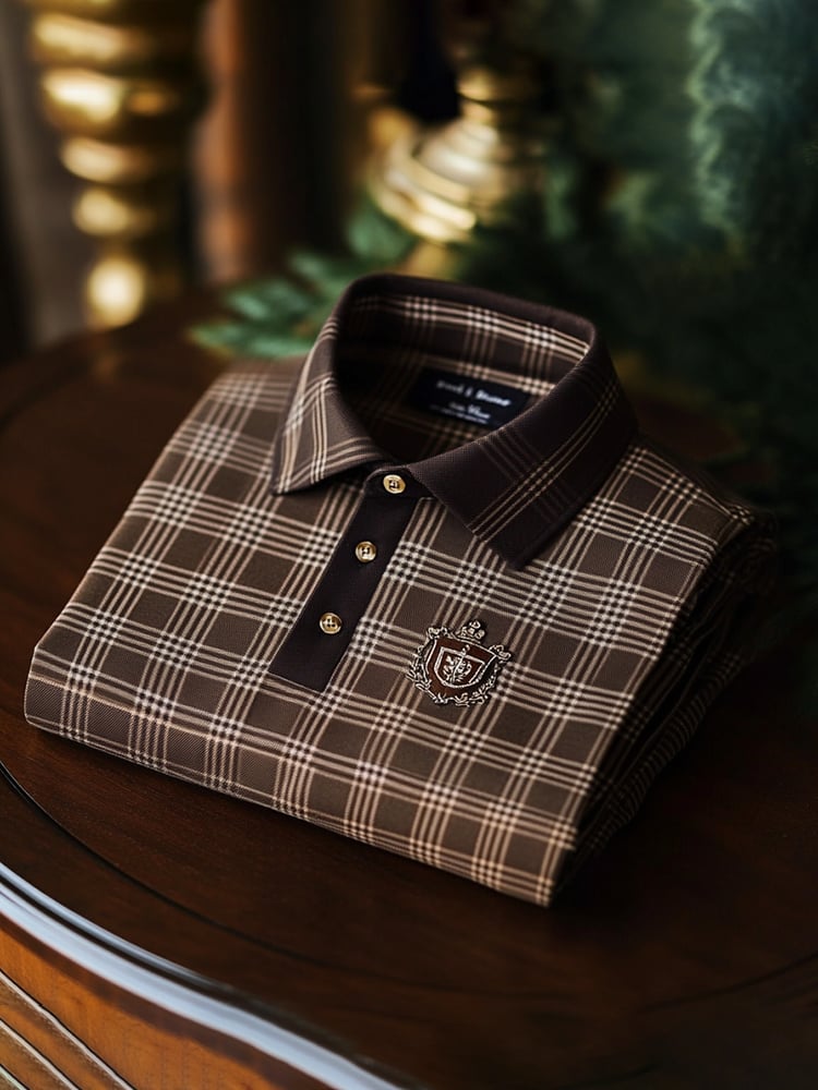 Men's Classic Business Check Logo Button Short Sleeve Polo Shirt