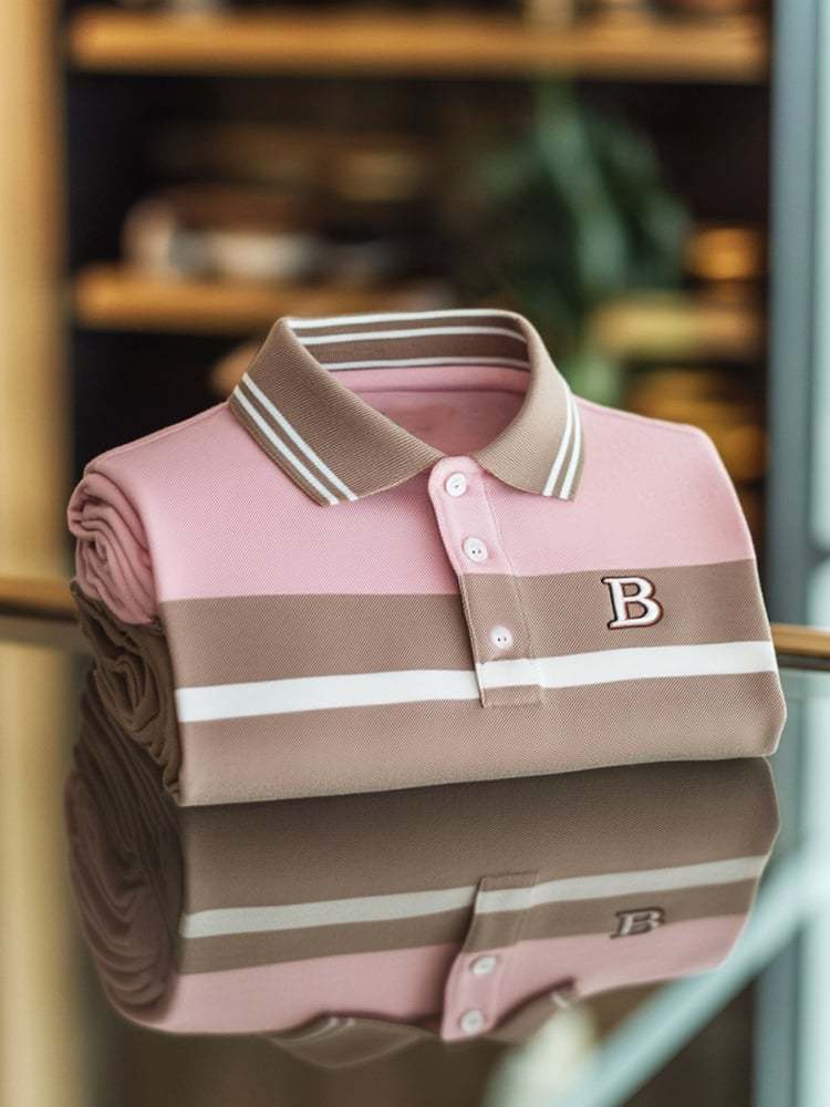 Men's Business Casual Striped Logo Button Short Sleeve Polo Shirt