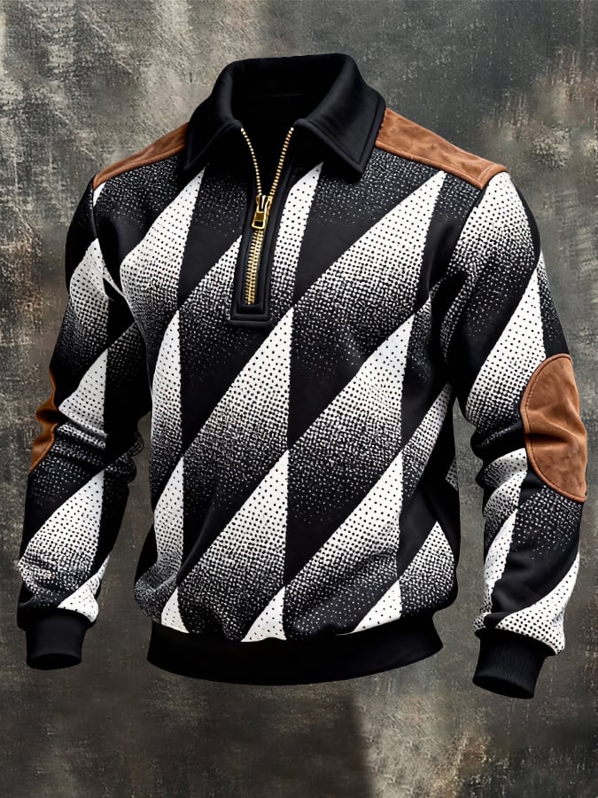 Men's Retro Color Block Print Zipper Sweatshirt
