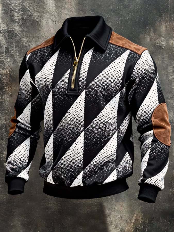 Men's Retro Color Block Print Zipper Sweatshirt