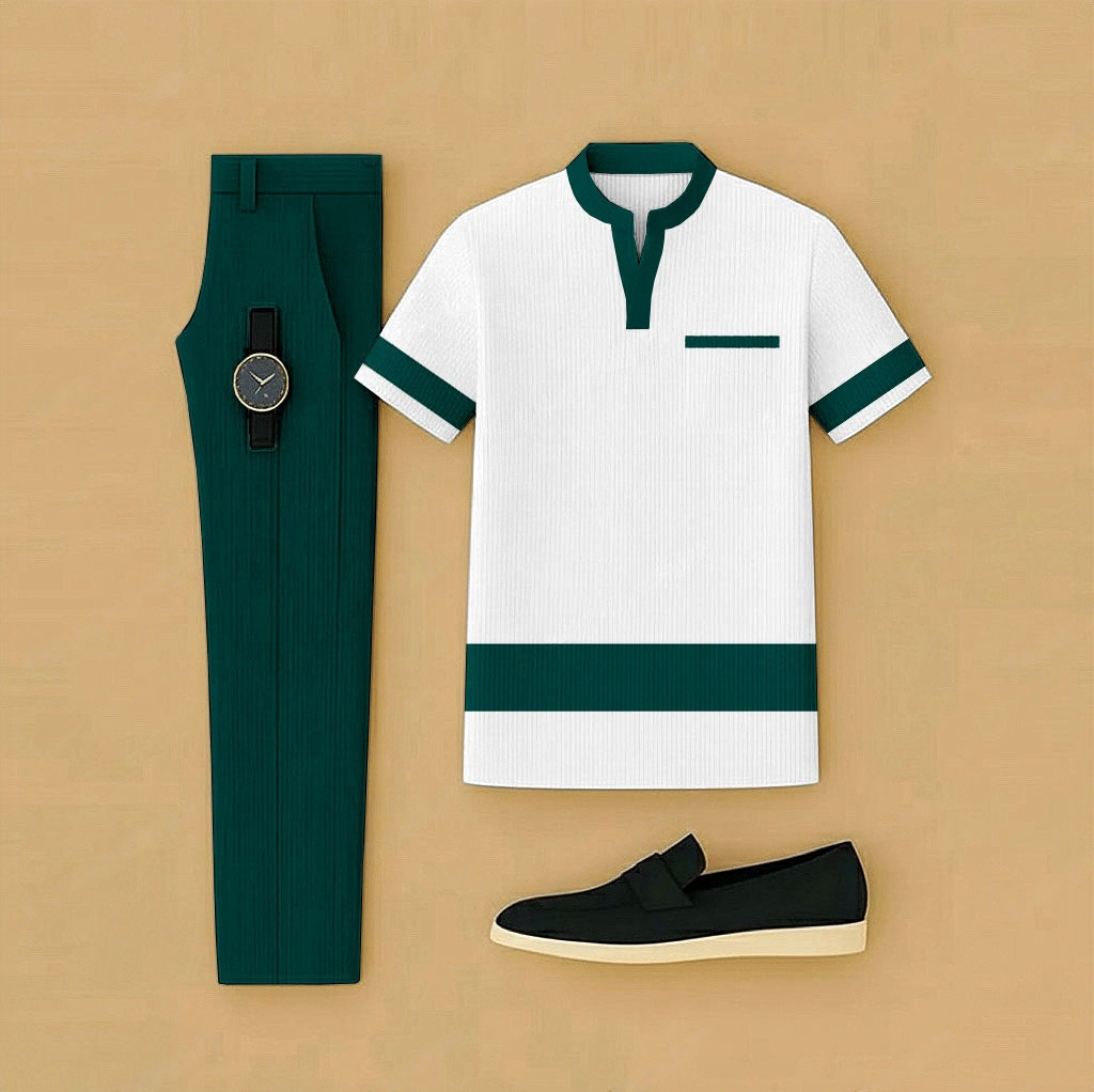Men's Casual Dark Green & White Color Matching Short Sleeved Henry Collar T-Shirt & Trousers Two-Piece Set