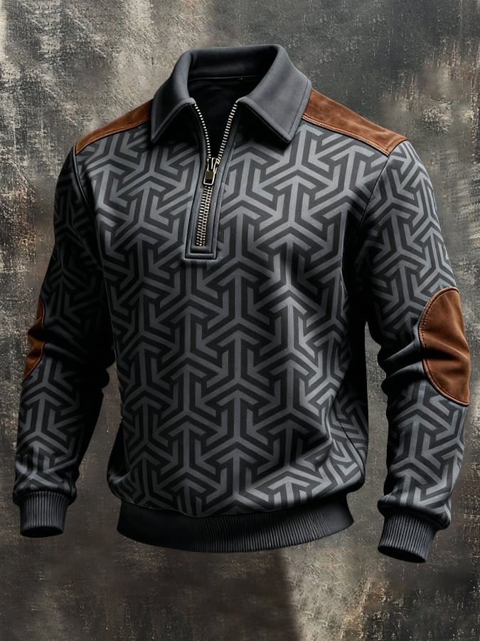 Men's Retro Color Block Print Color-Blocked Zip-Up Sweatshirt