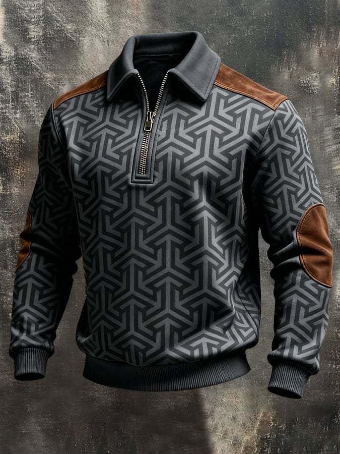 Men's Retro Color Block Print Color-Blocked Zip-Up Sweatshirt