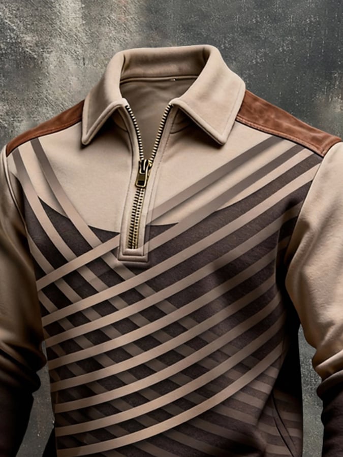 Men's Retro Color Block Print Color-Blocked Zip-Up Sweatshirt