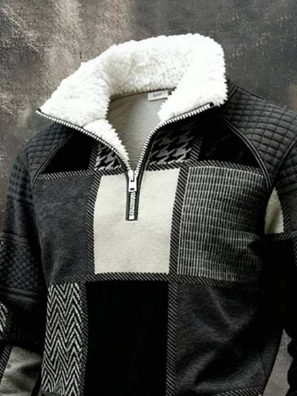 Men's Retro Textured Printed Sweatshirt with Fur Collar