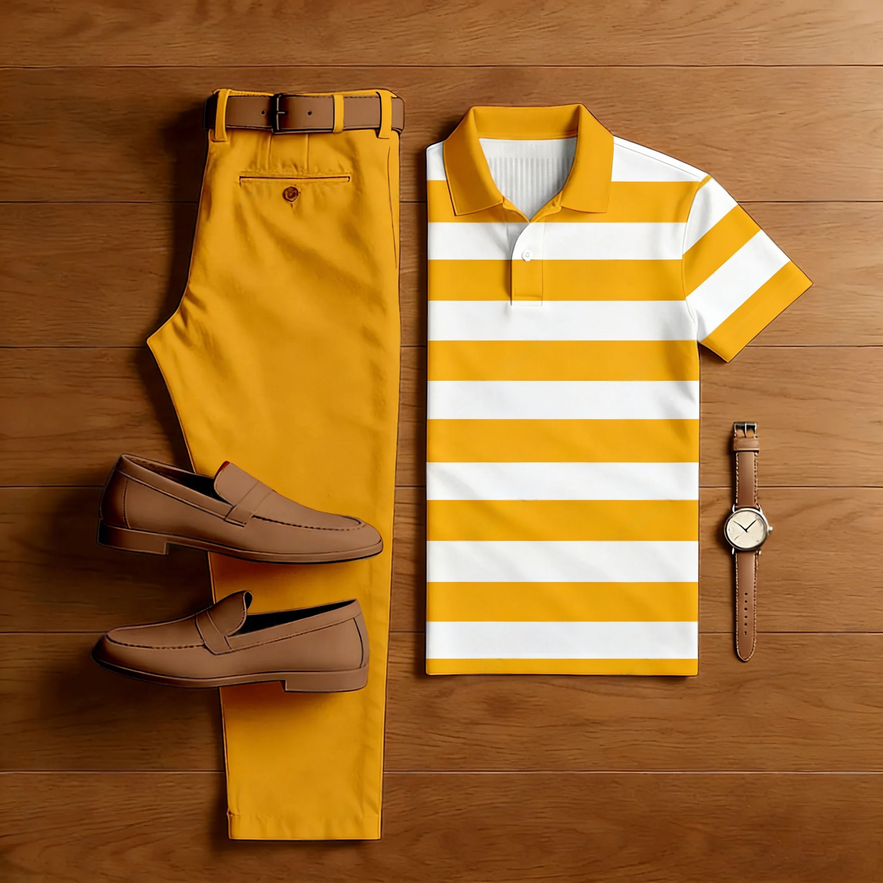 Men's Casual Orange Striped Printed Polo Shirt And Trousers Two-Piece Set