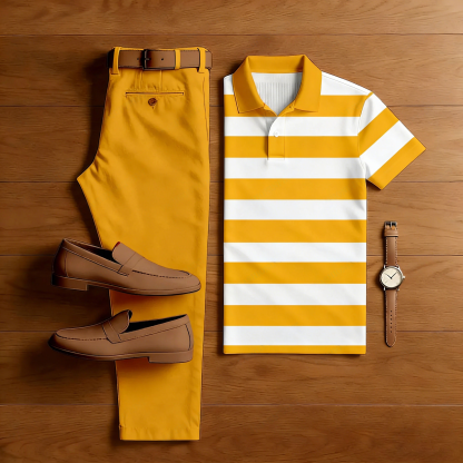 Men's Casual Orange Striped Printed Polo Shirt And Trousers Two-Piece Set