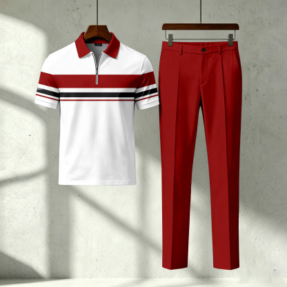 Men's Casual Red Geometry Printed Polo Short-Sleeve T-Shirt And Pants Two-Piece Set