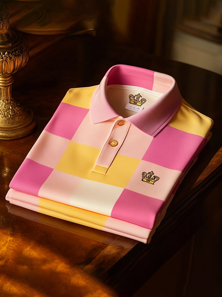 Men's Classic Business Check Button Short Sleeve Polo Shirt