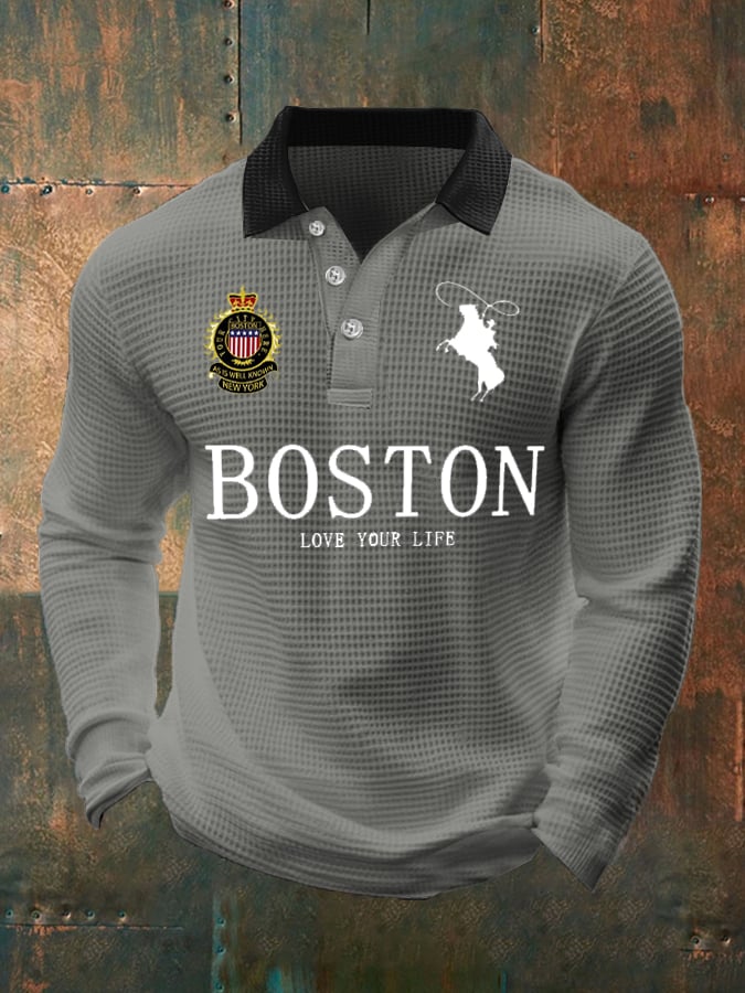 Men's Retro Business Casual Waffle Fabric Long Sleeve Polo Shirt