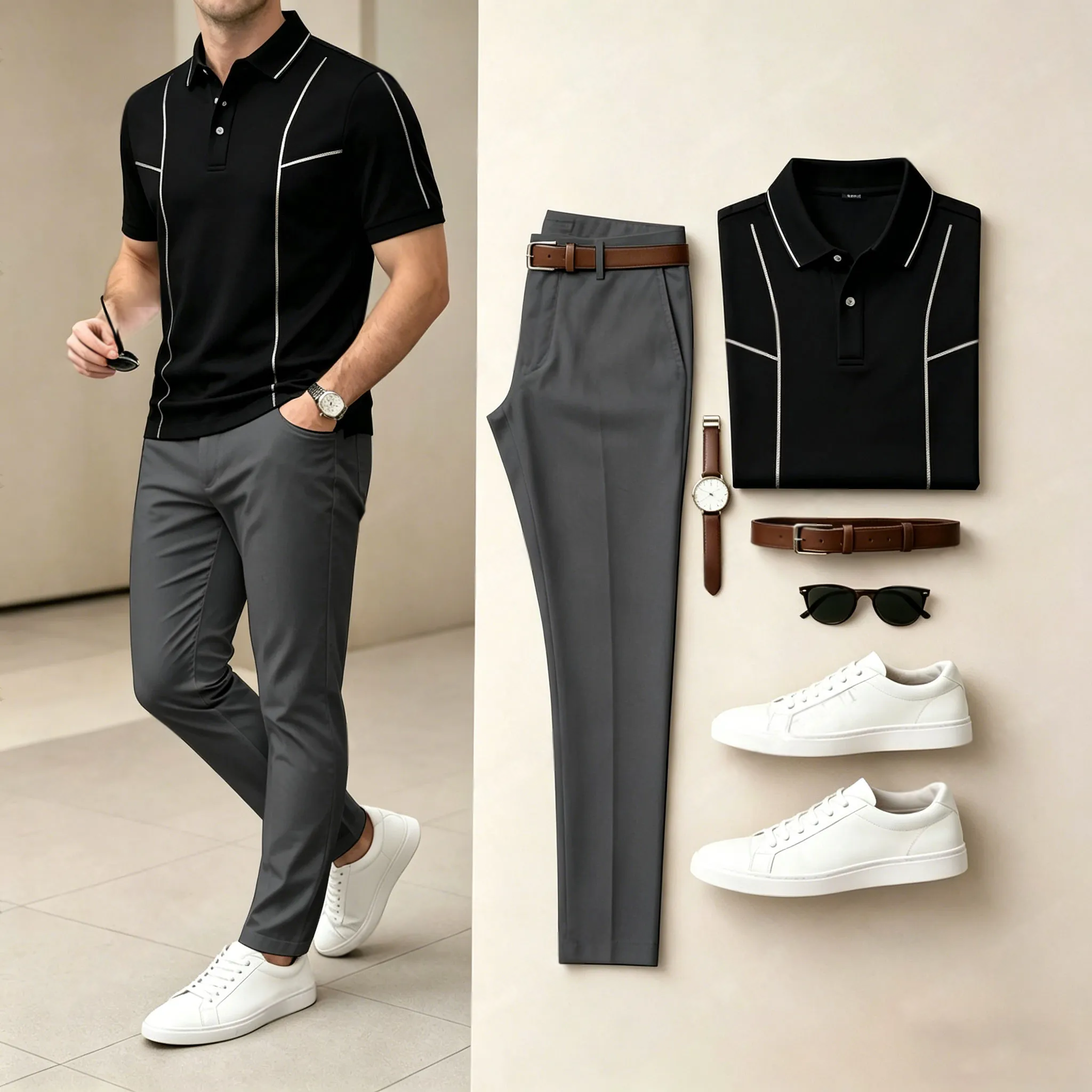 Men's Casual Black Printed Polo Shirt And Pants Two-Piece Set