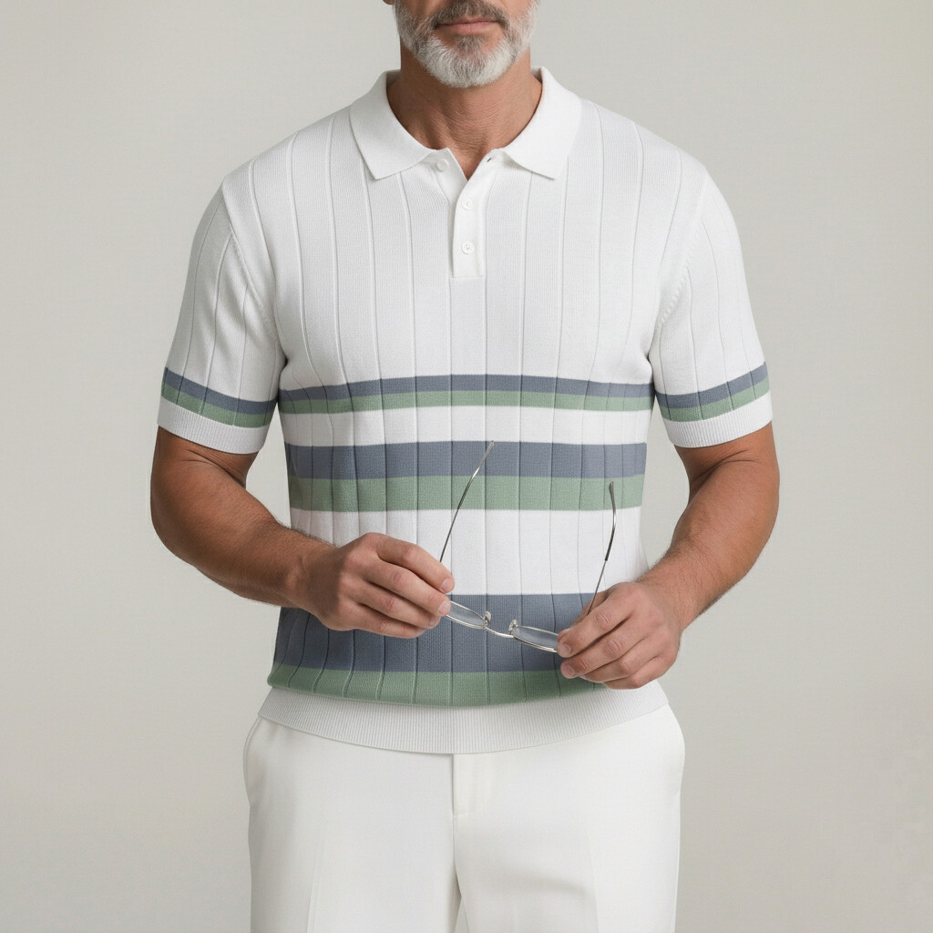 Men's White Contrast Striped Ribbed Knit Business Casual Polo Shirt