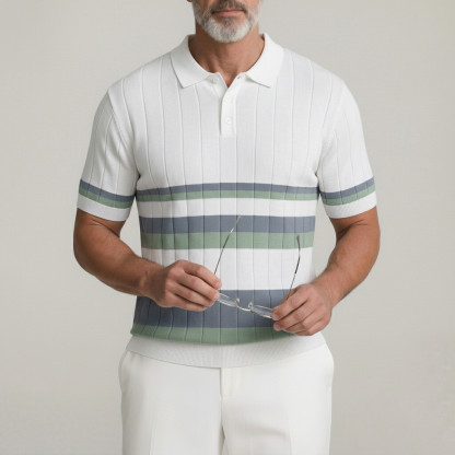 Men's White Contrast Striped Ribbed Knit Business Casual Polo Shirt