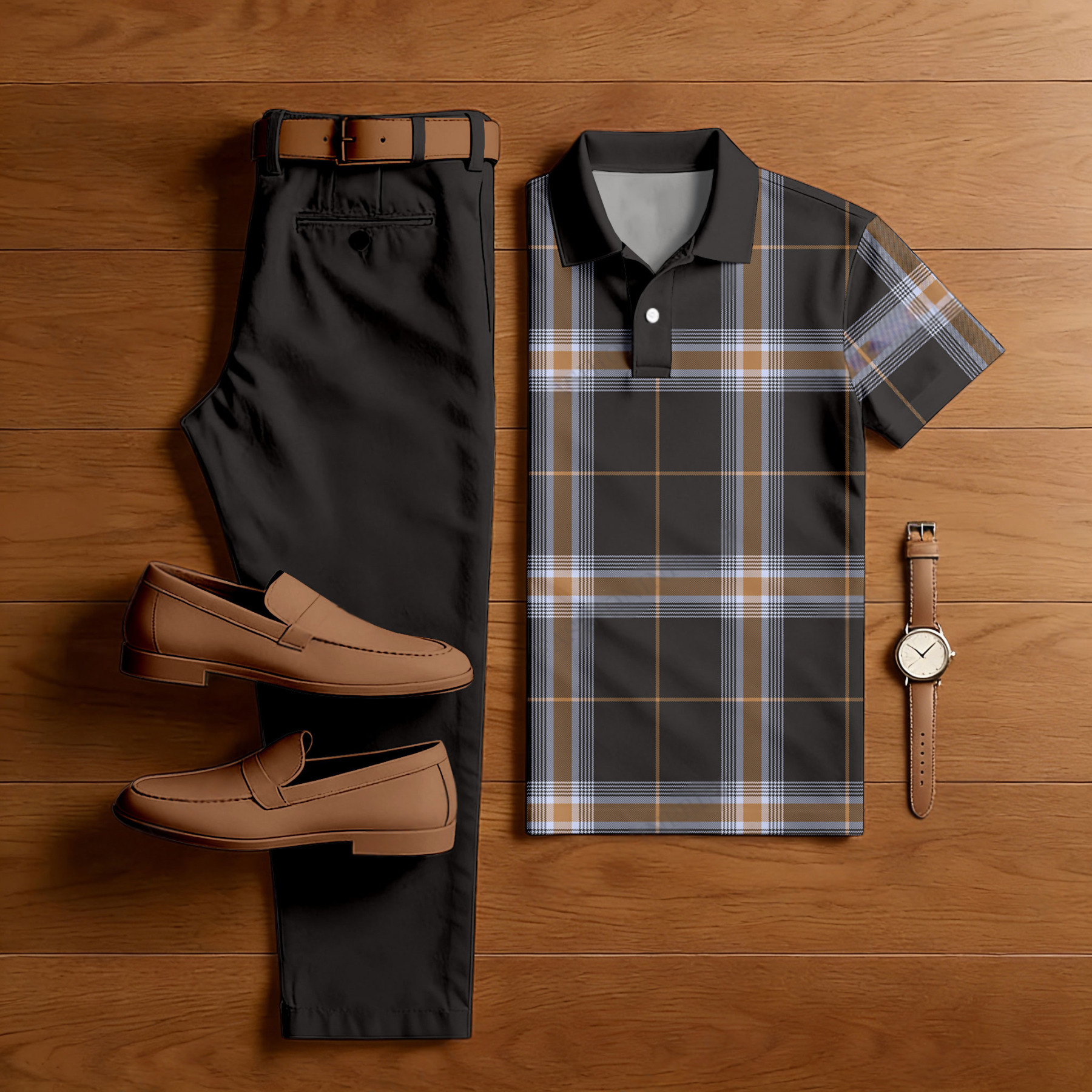 Men's Casual Dark Brown & Brown Color Matching Checkered Printed Short Sleeved Polo Shirt & Trousers Two-Piece Set