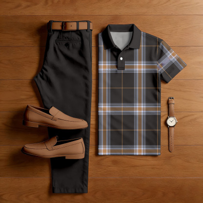 Men's Casual Dark Brown & Brown Color Matching Checkered Printed Short Sleeved Polo Shirt & Trousers Two-Piece Set