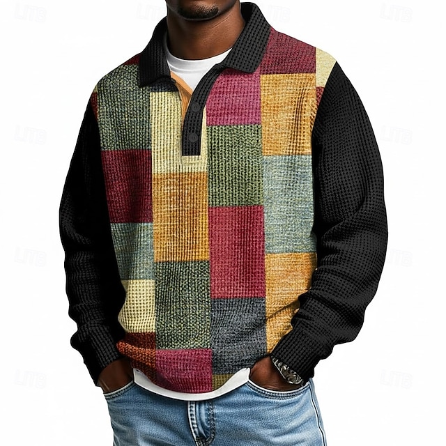 Men's Color Block Geometic Waffle Polo Shirts