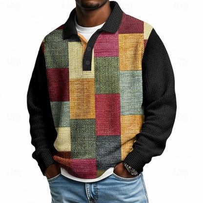 Men's Color Block Geometic Waffle Polo Shirts