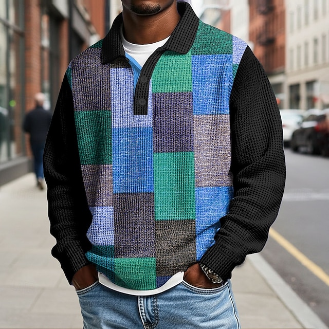 Men's Color Block Geometic Waffle Polo Shirts