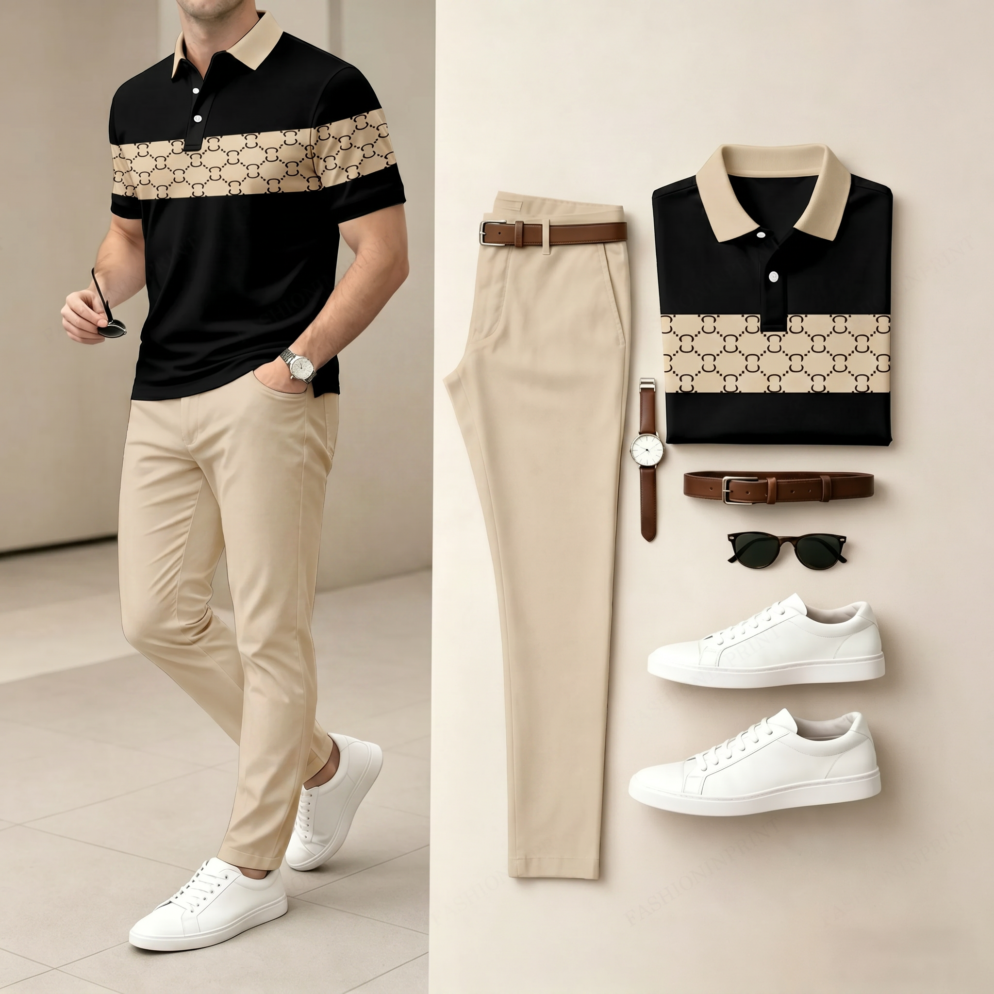 Men's Casual Black & Brown Plaid Printed Polo Shirt And Pants Two-Piece Set