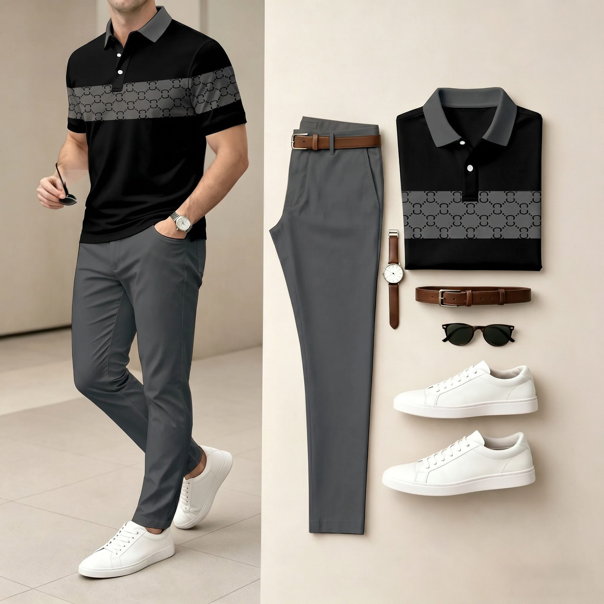 Men's Casual Black & Brown Plaid Printed Polo Shirt And Pants Two-Piece Set