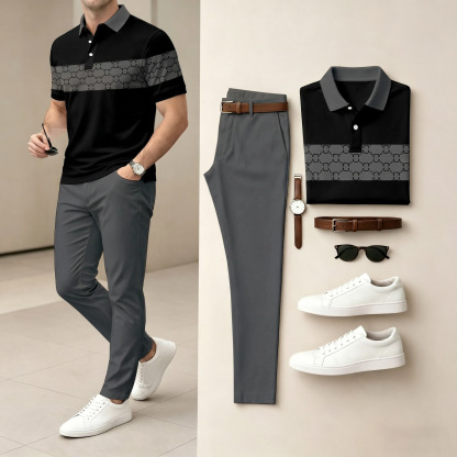 Men's Casual Black & Brown Plaid Printed Polo Shirt And Pants Two-Piece Set