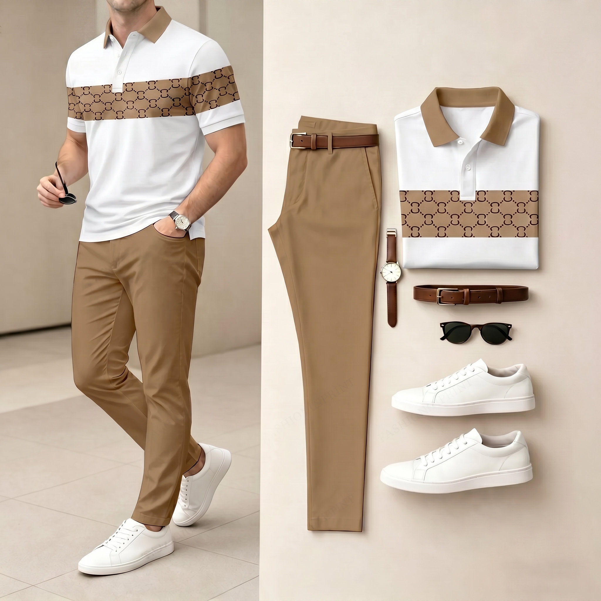 Men's Casual Black & Brown Plaid Printed Polo Shirt And Pants Two-Piece Set