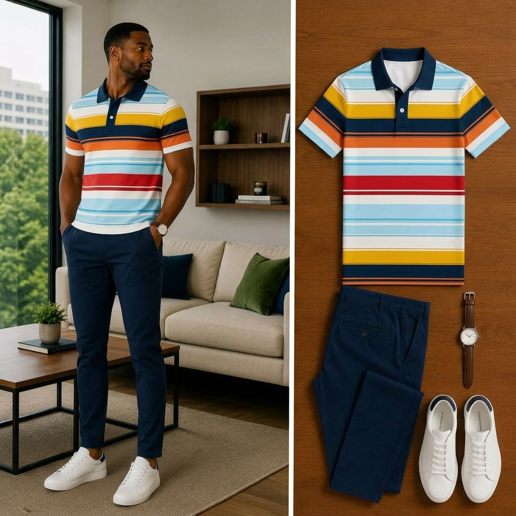 Men's Casual Short Sleeve Polo Shirt And Pants Two-Piece Set
